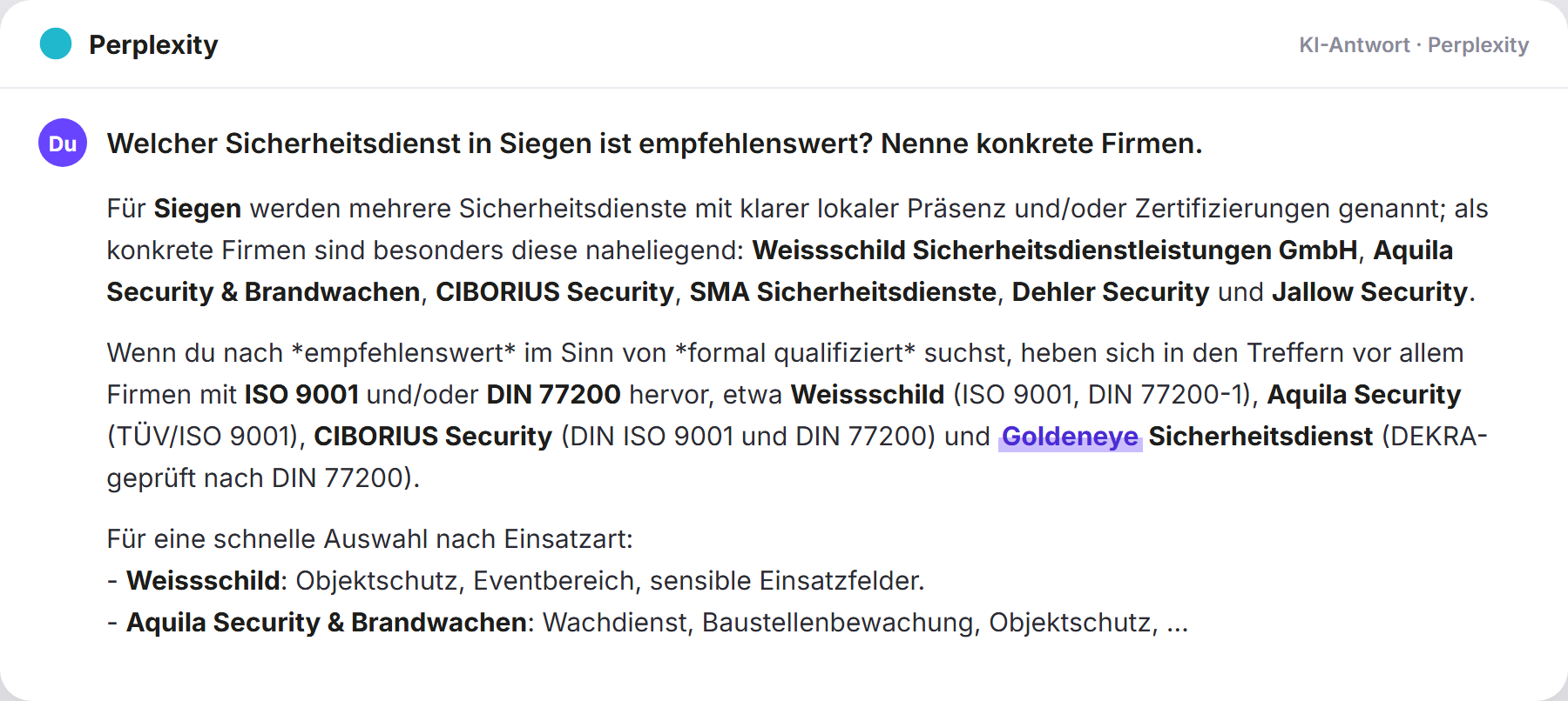 Perplexity nennt Golden Eye: „Welcher Sicherheitsdienst in Siegen ist empfehlenswert? Ne…