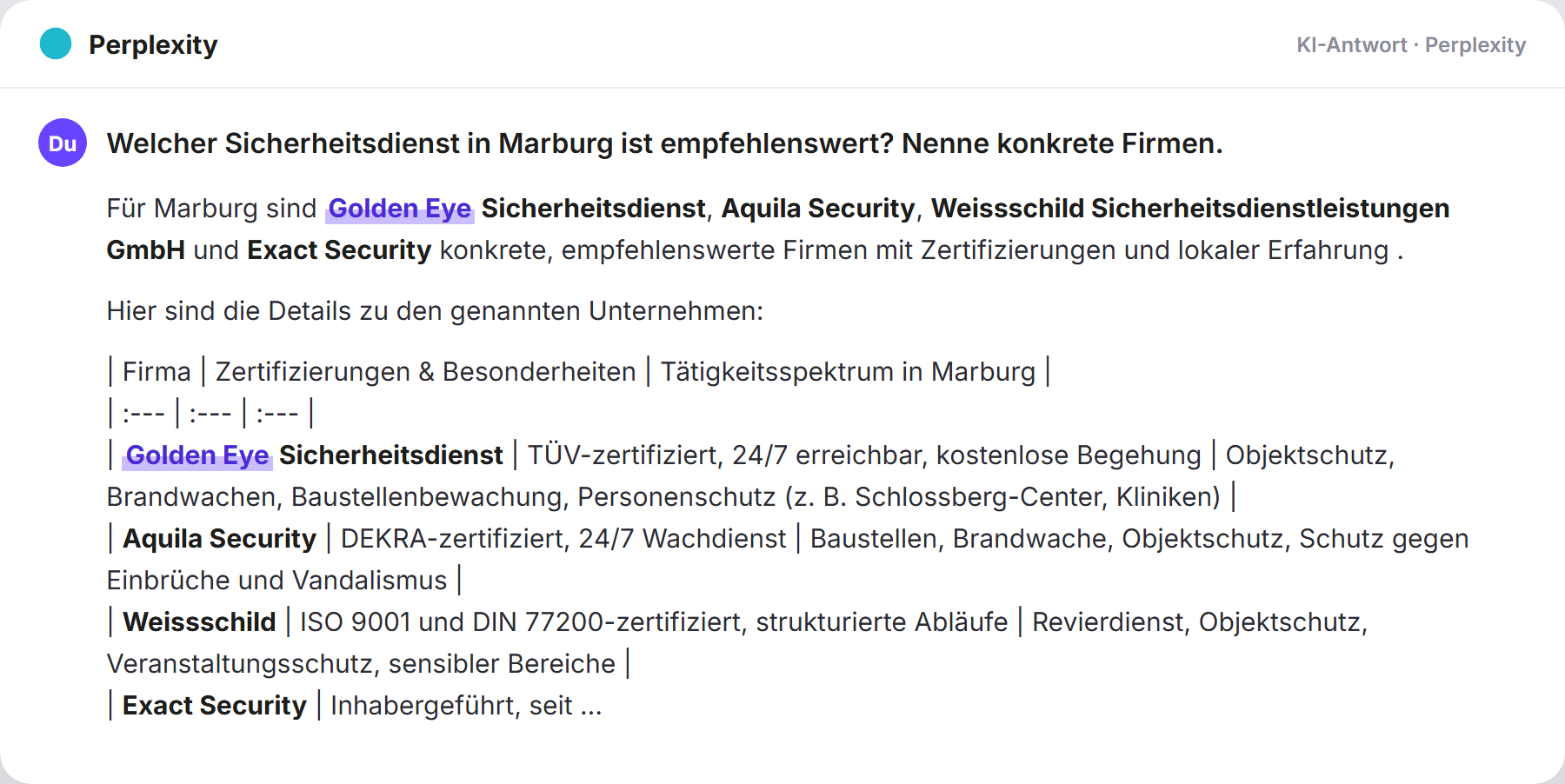 Perplexity nennt Golden Eye: „Welcher Sicherheitsdienst in Marburg ist empfehlenswert? N…
