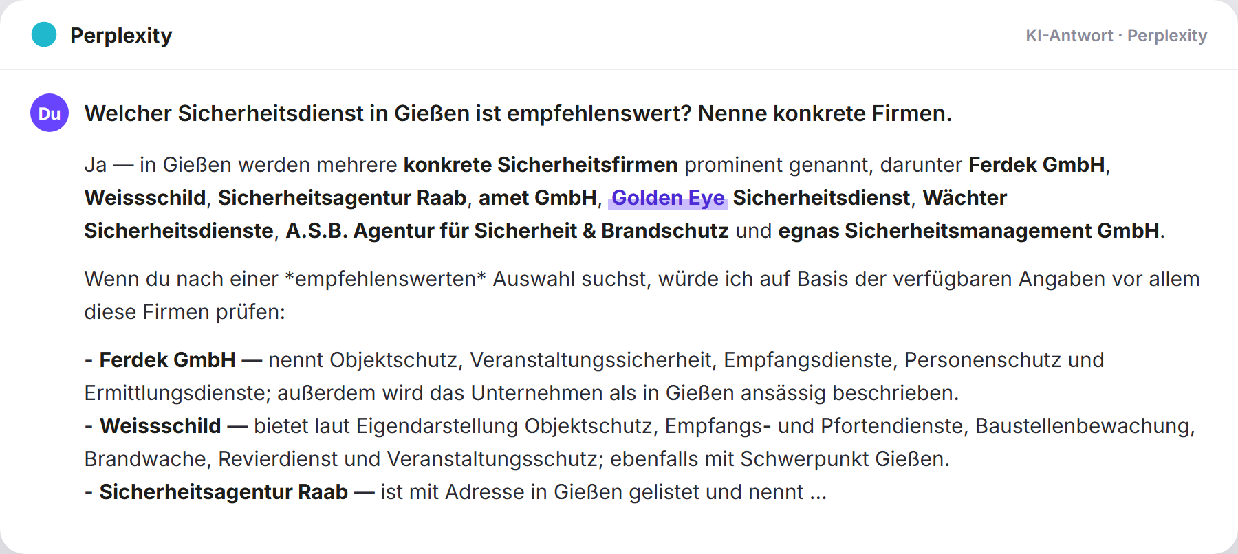 Perplexity nennt Golden Eye: „Welcher Sicherheitsdienst in Gießen ist empfehlenswert? Ne…