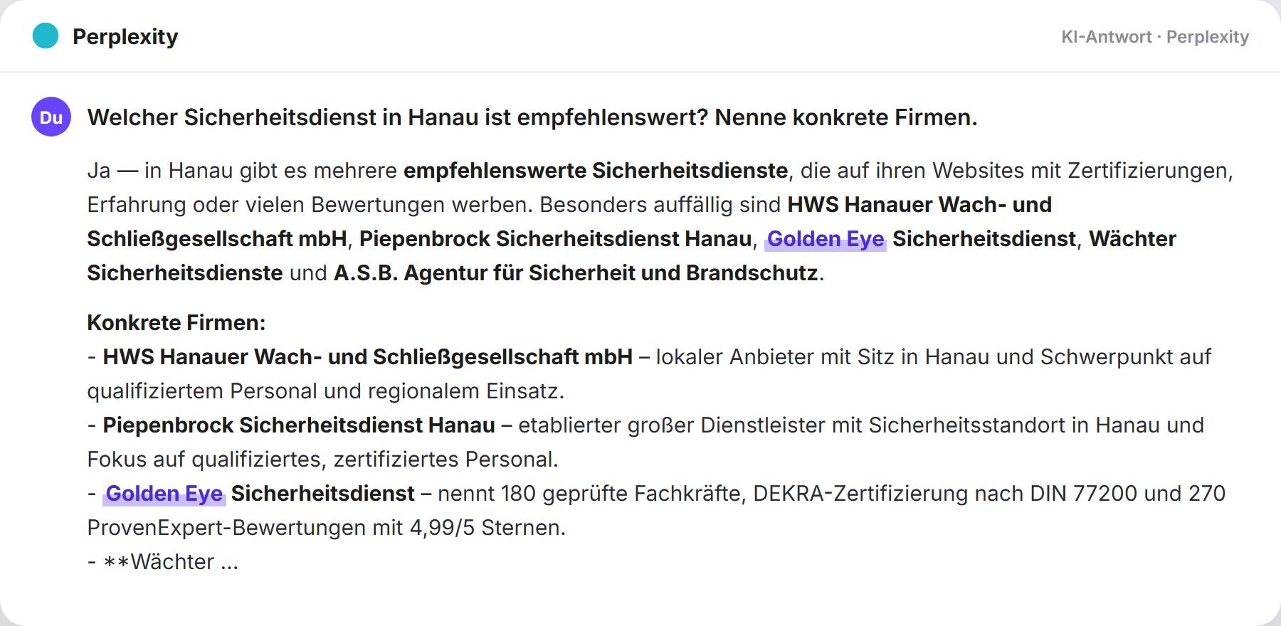 Perplexity nennt Golden Eye: „Welcher Sicherheitsdienst in Hanau ist empfehlenswert? Nen…