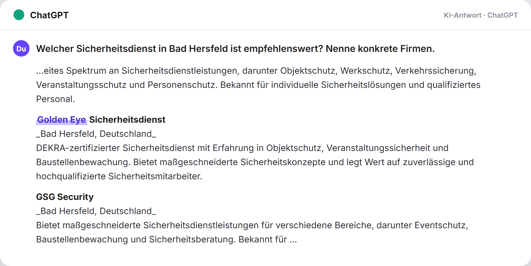 ChatGPT nennt Golden Eye: „Welcher Sicherheitsdienst in Bad Hersfeld ist empfehlenswe…