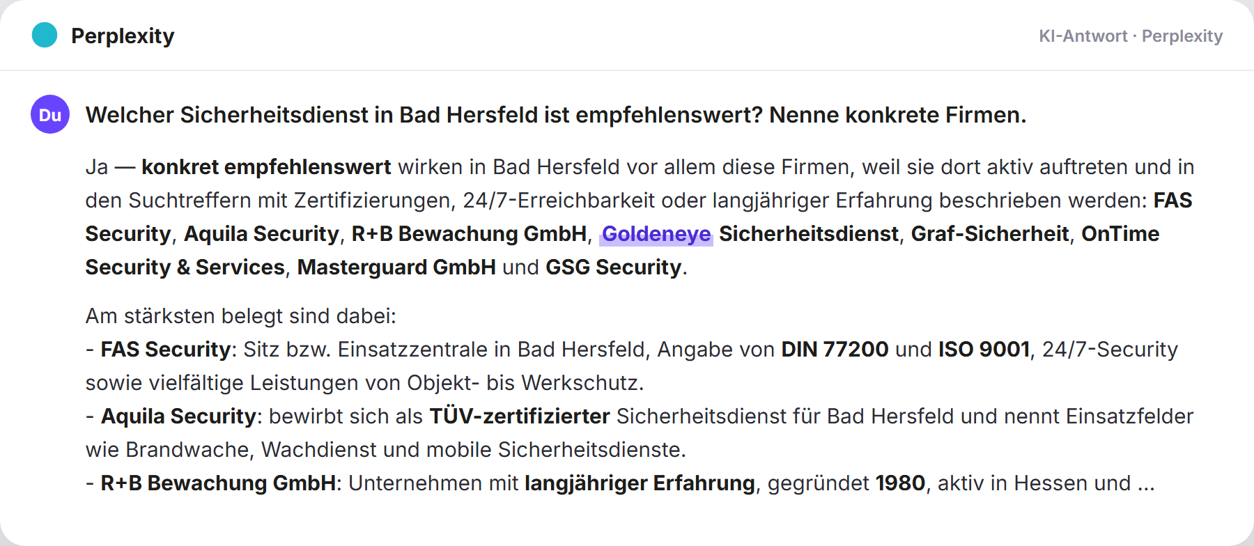 Perplexity nennt Golden Eye: „Welcher Sicherheitsdienst in Bad Hersfeld ist empfehlenswe…