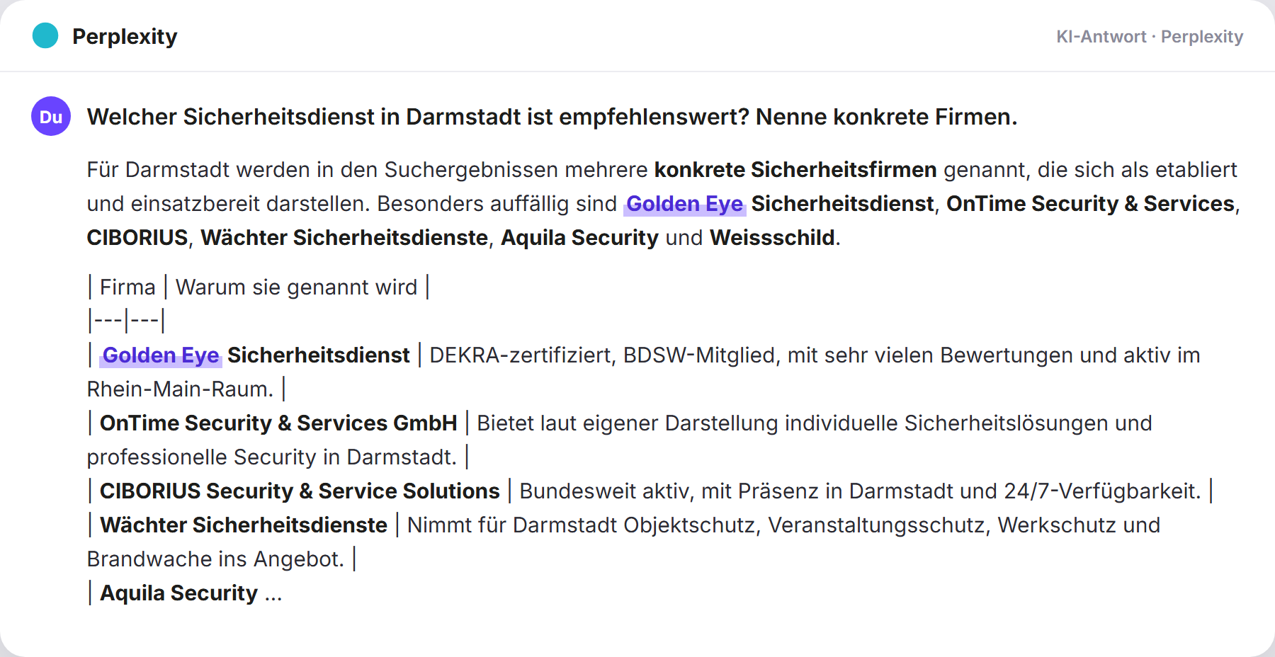 Perplexity nennt Golden Eye: „Welcher Sicherheitsdienst in Darmstadt ist empfehlenswert?…