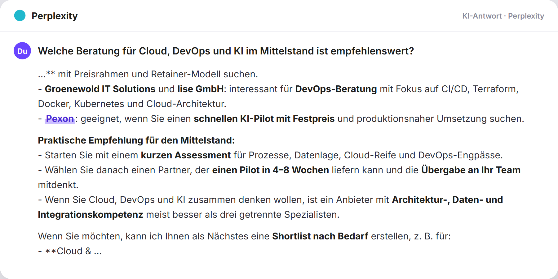 Perplexity nennt Pexon: „Welche Beratung für Cloud, DevOps und KI im Mittelstand is…