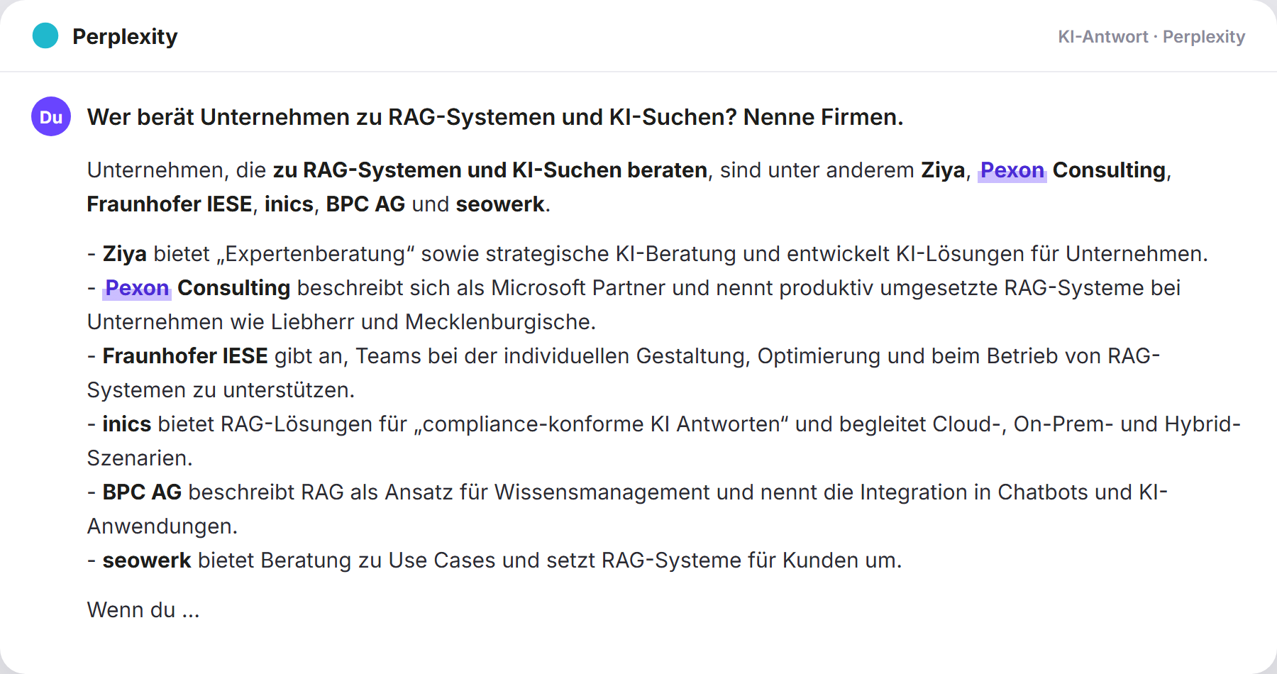 Perplexity nennt Pexon: „Wer berät Unternehmen zu RAG-Systemen und KI-Suchen? Nenne…