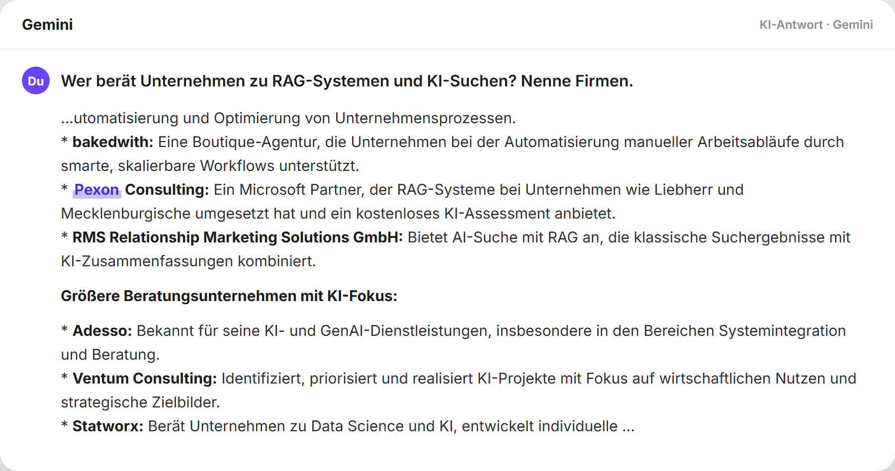Gemini nennt Pexon: „Wer berät Unternehmen zu RAG-Systemen und KI-Suchen? Nenne…