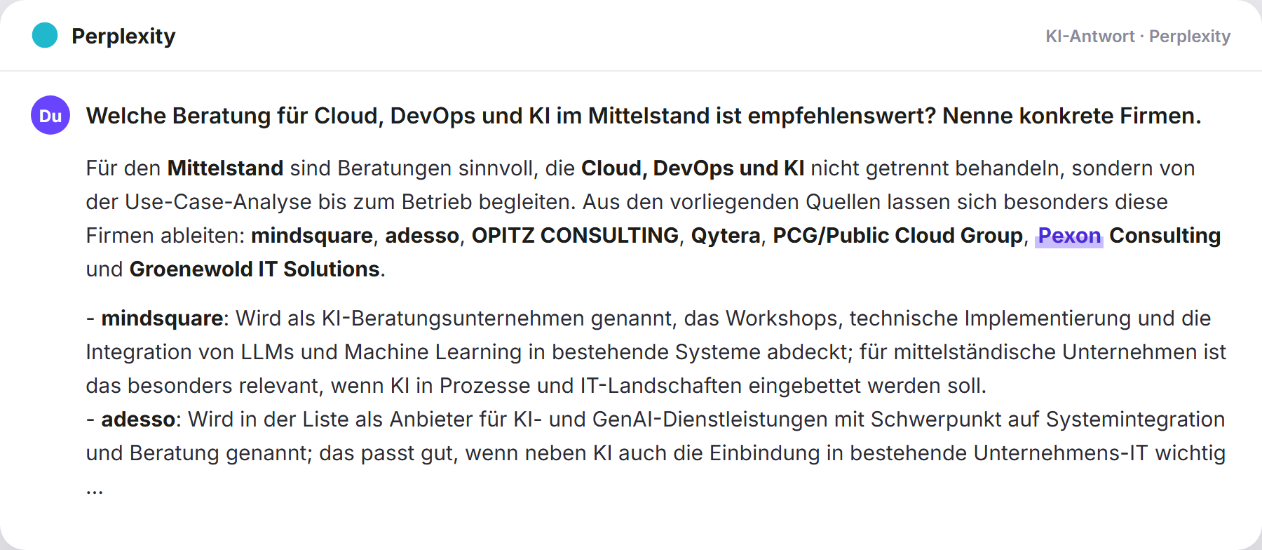 Perplexity nennt Pexon: „Welche Beratung für Cloud, DevOps und KI im Mittelstand is…