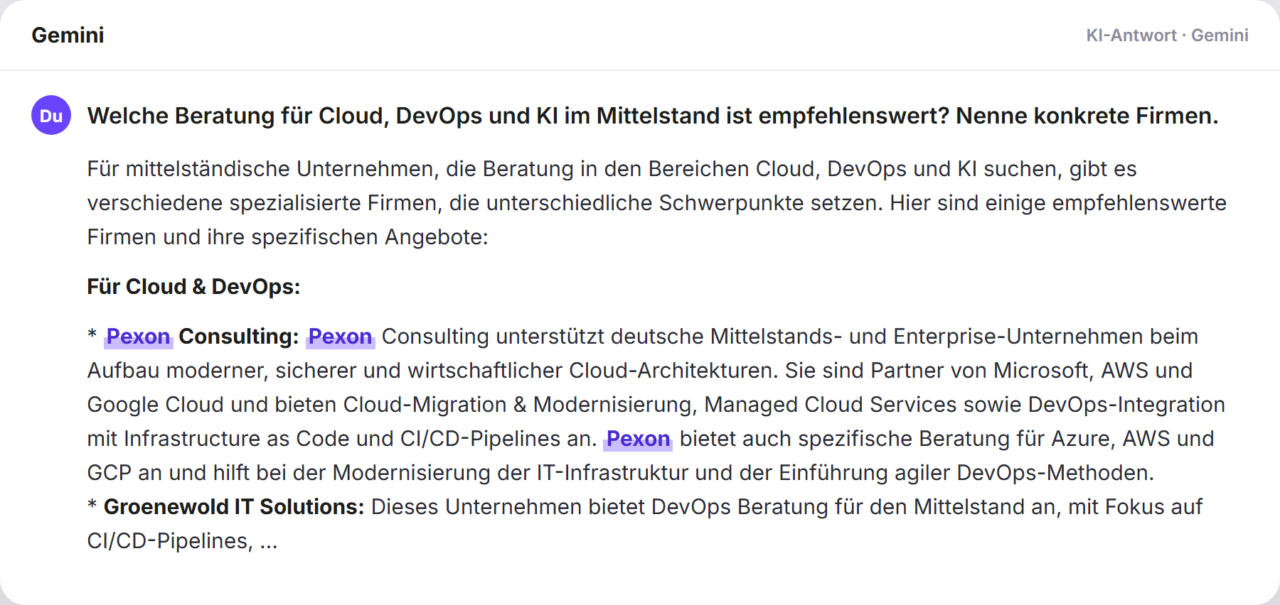 Gemini nennt Pexon: „Welche Beratung für Cloud, DevOps und KI im Mittelstand is…