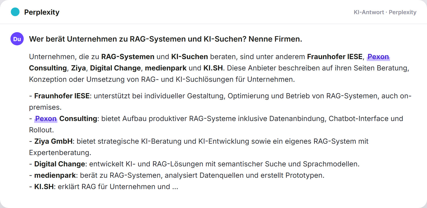 Perplexity nennt Pexon: „Wer berät Unternehmen zu RAG-Systemen und KI-Suchen? Nenne…