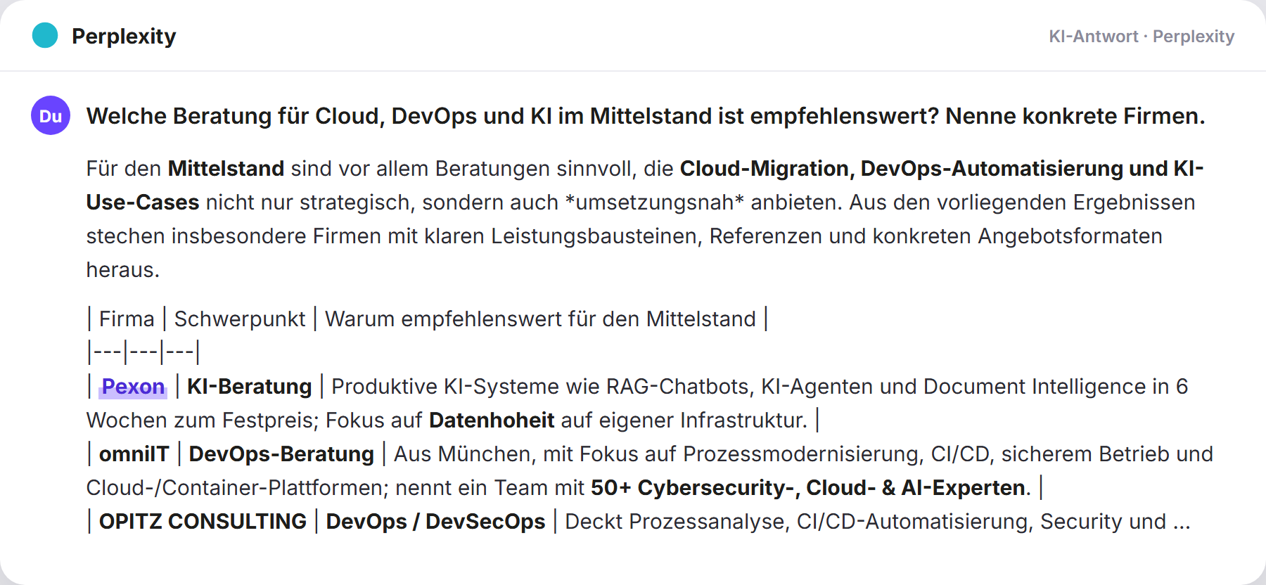 Perplexity nennt Pexon: „Welche Beratung für Cloud, DevOps und KI im Mittelstand is…