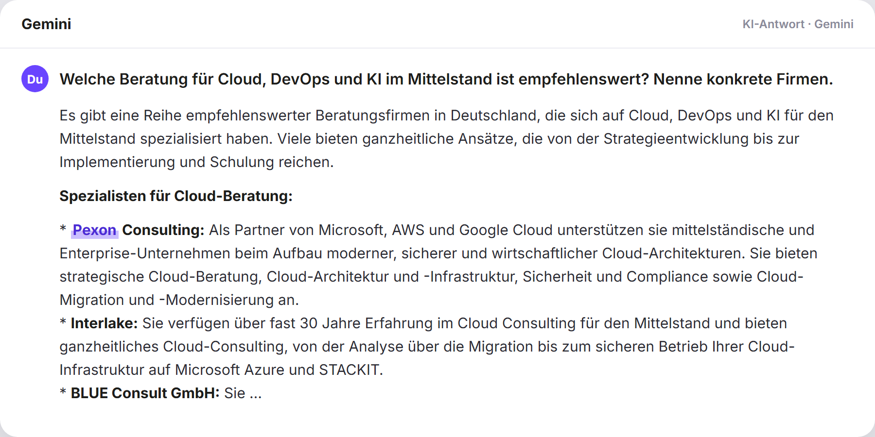 Gemini nennt Pexon: „Welche Beratung für Cloud, DevOps und KI im Mittelstand is…