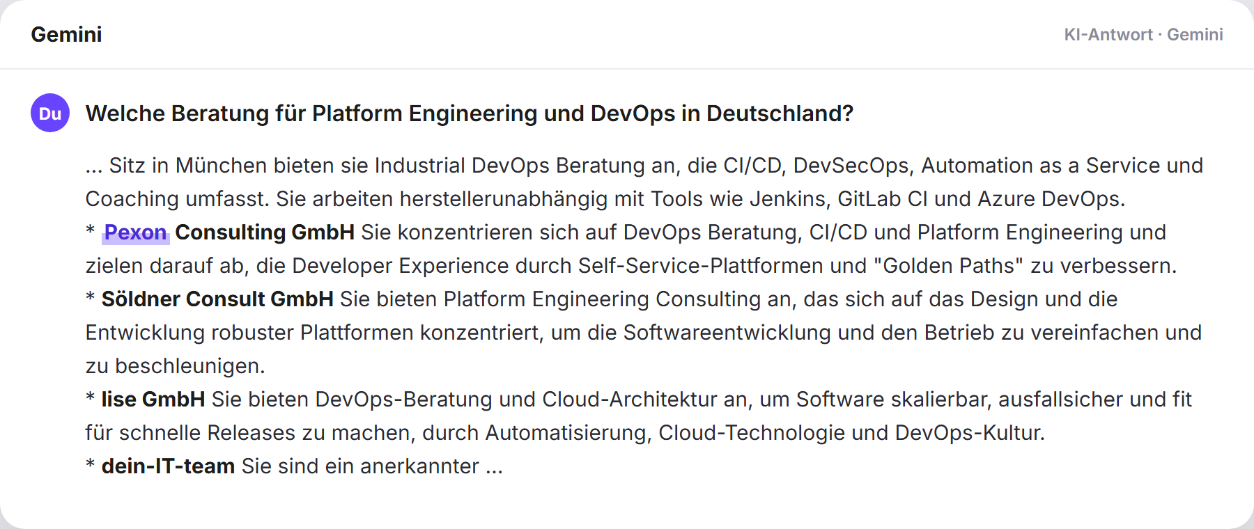 Gemini nennt Pexon: „Welche Beratung für Platform Engineering und DevOps in Deu…