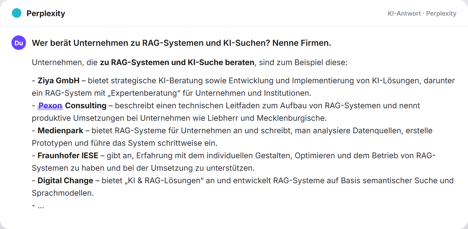 Perplexity nennt Pexon: „Wer berät Unternehmen zu RAG-Systemen und KI-Suchen? Nenne…