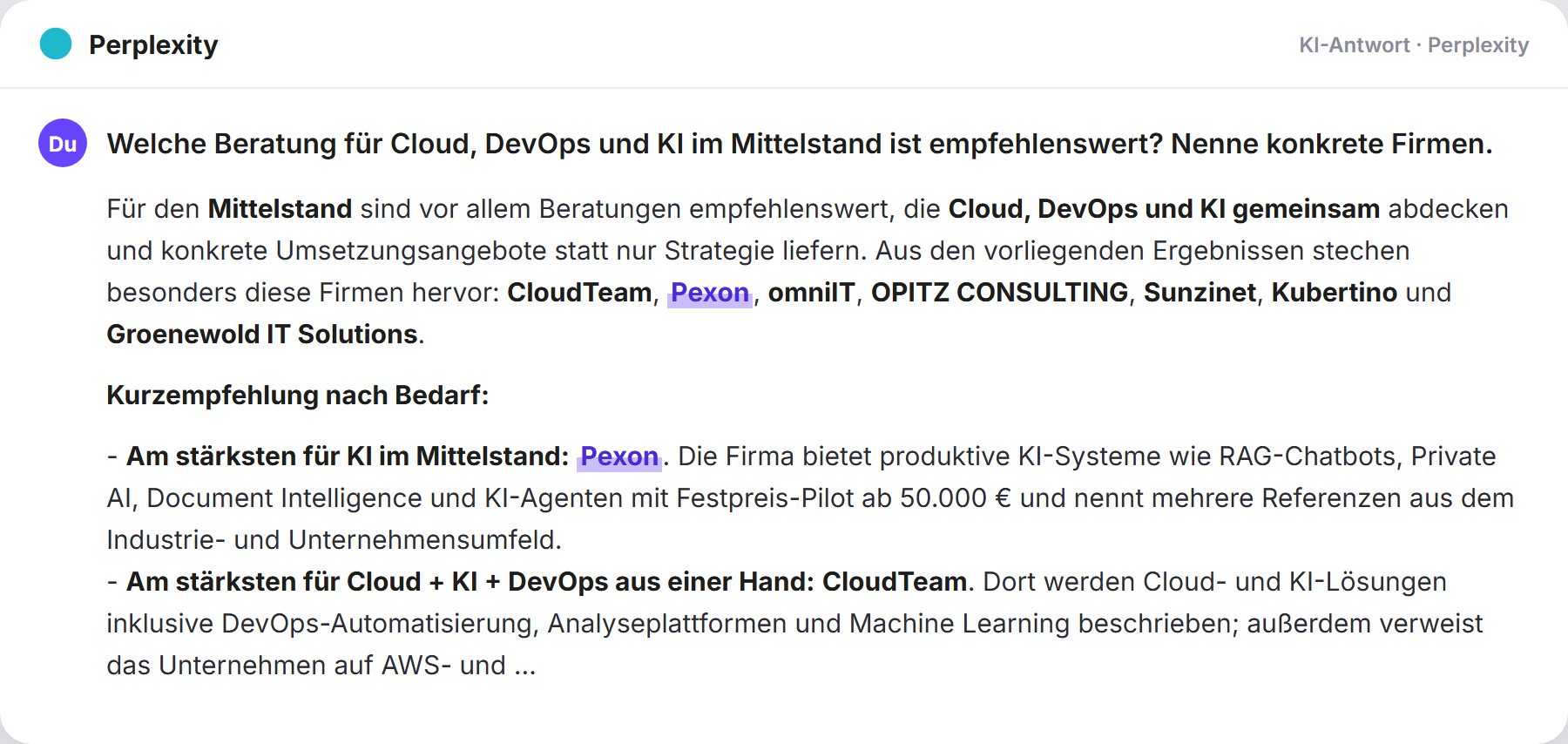 Perplexity nennt Pexon: „Welche Beratung für Cloud, DevOps und KI im Mittelstand is…