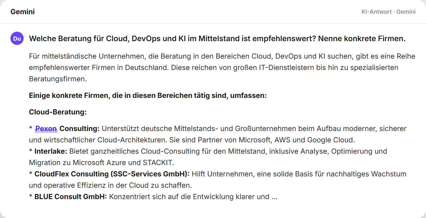 Gemini nennt Pexon: „Welche Beratung für Cloud, DevOps und KI im Mittelstand is…
