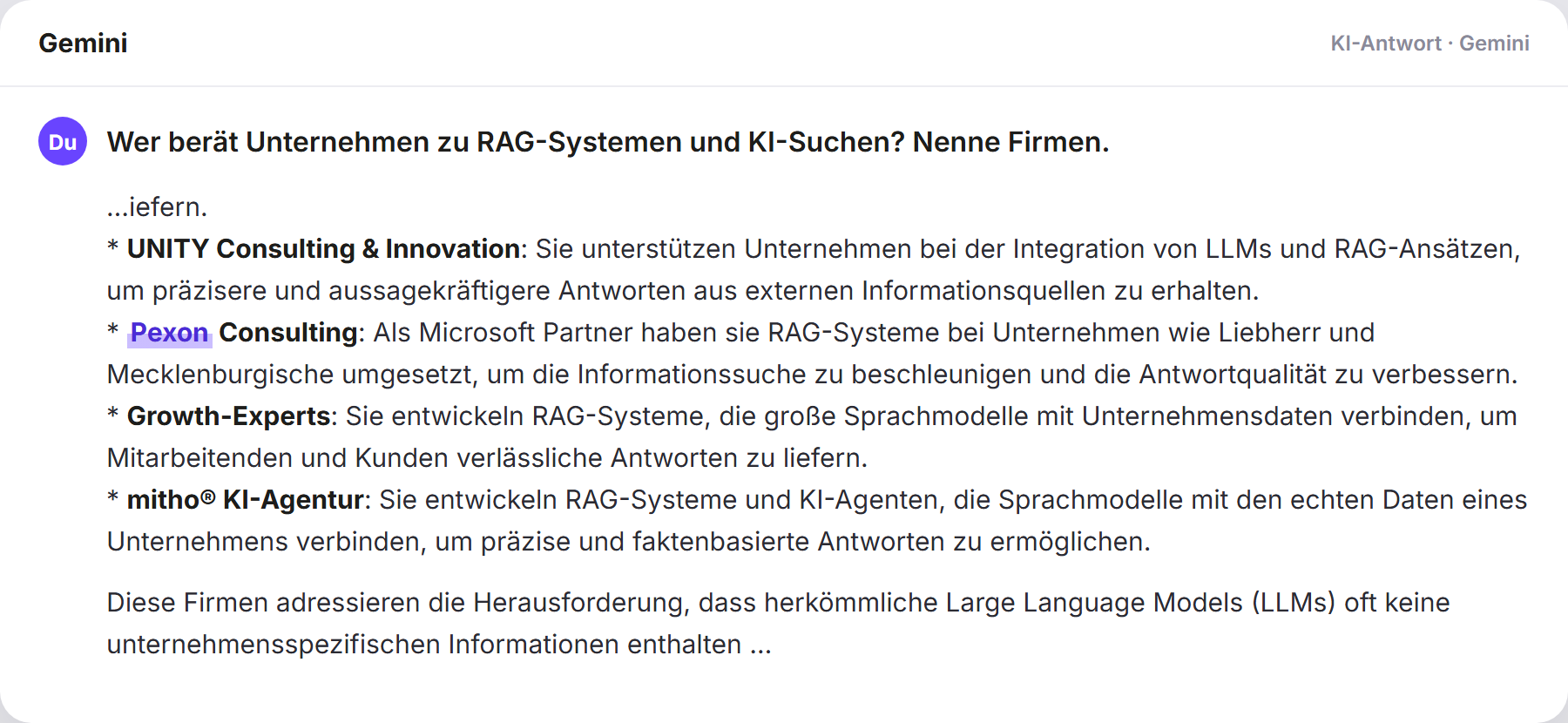 Gemini nennt Pexon: „Wer berät Unternehmen zu RAG-Systemen und KI-Suchen? Nenne…