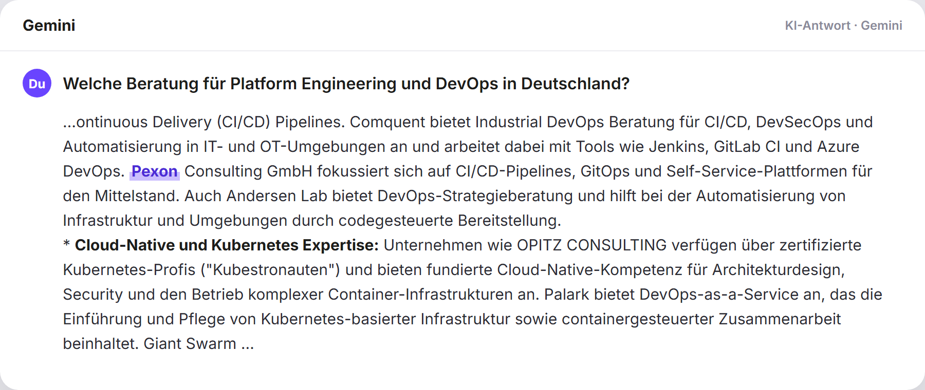 Gemini nennt Pexon: „Welche Beratung für Platform Engineering und DevOps in Deu…