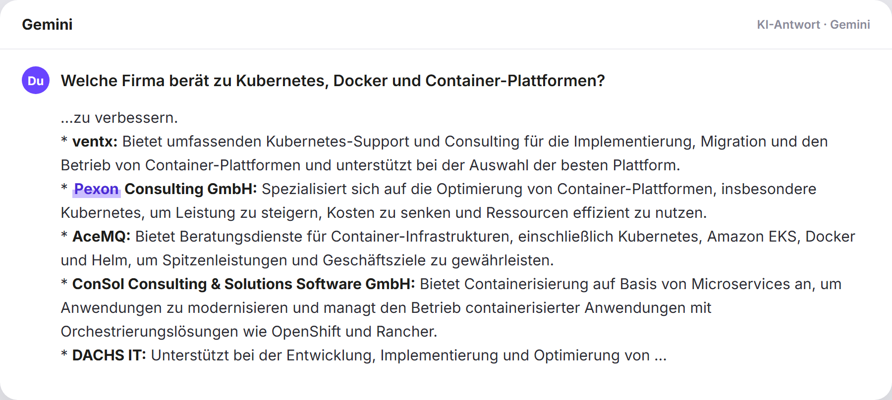 Gemini nennt Pexon: „Welche Firma berät zu Kubernetes, Docker und Container-Pla…
