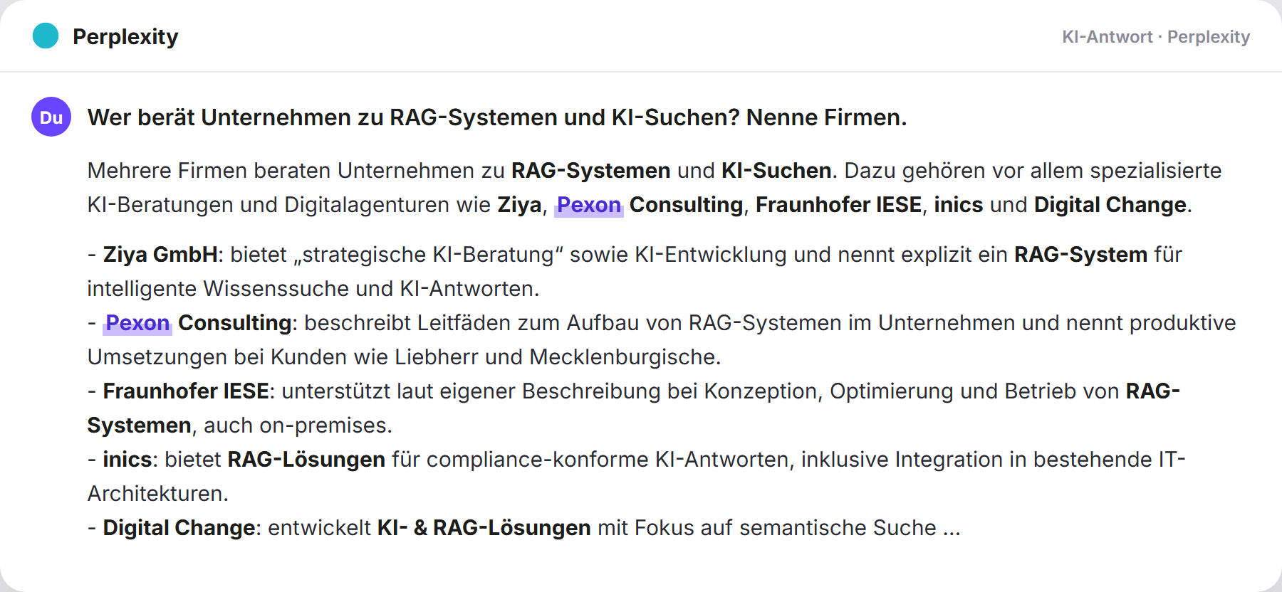 Perplexity nennt Pexon: „Wer berät Unternehmen zu RAG-Systemen und KI-Suchen? Nenne…