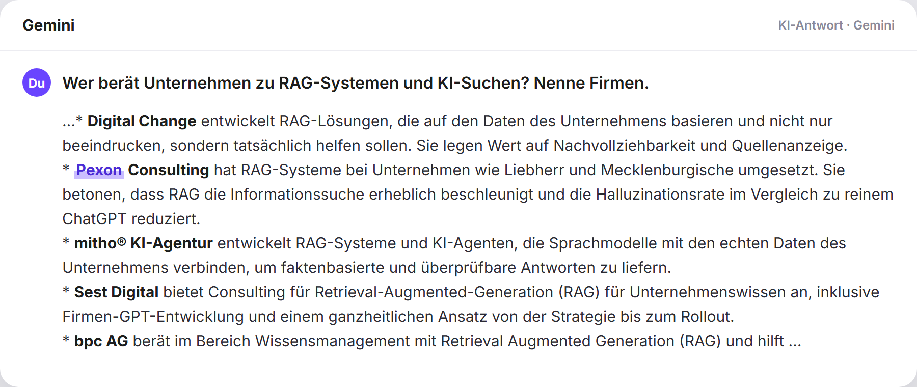Gemini nennt Pexon: „Wer berät Unternehmen zu RAG-Systemen und KI-Suchen? Nenne…