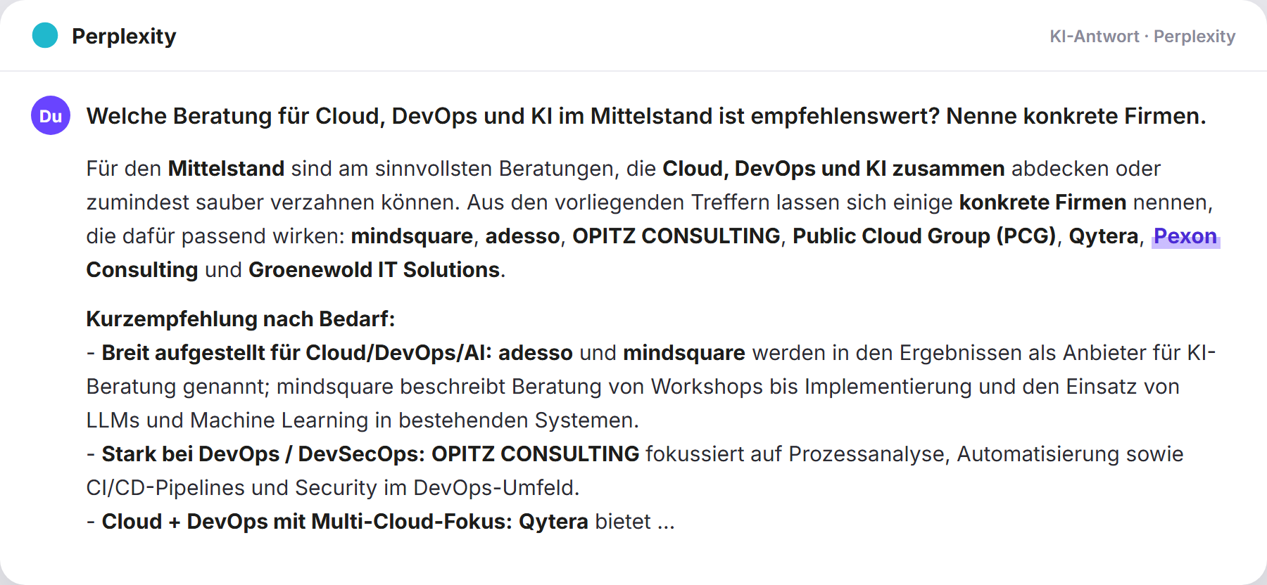 Perplexity nennt Pexon: „Welche Beratung für Cloud, DevOps und KI im Mittelstand is…