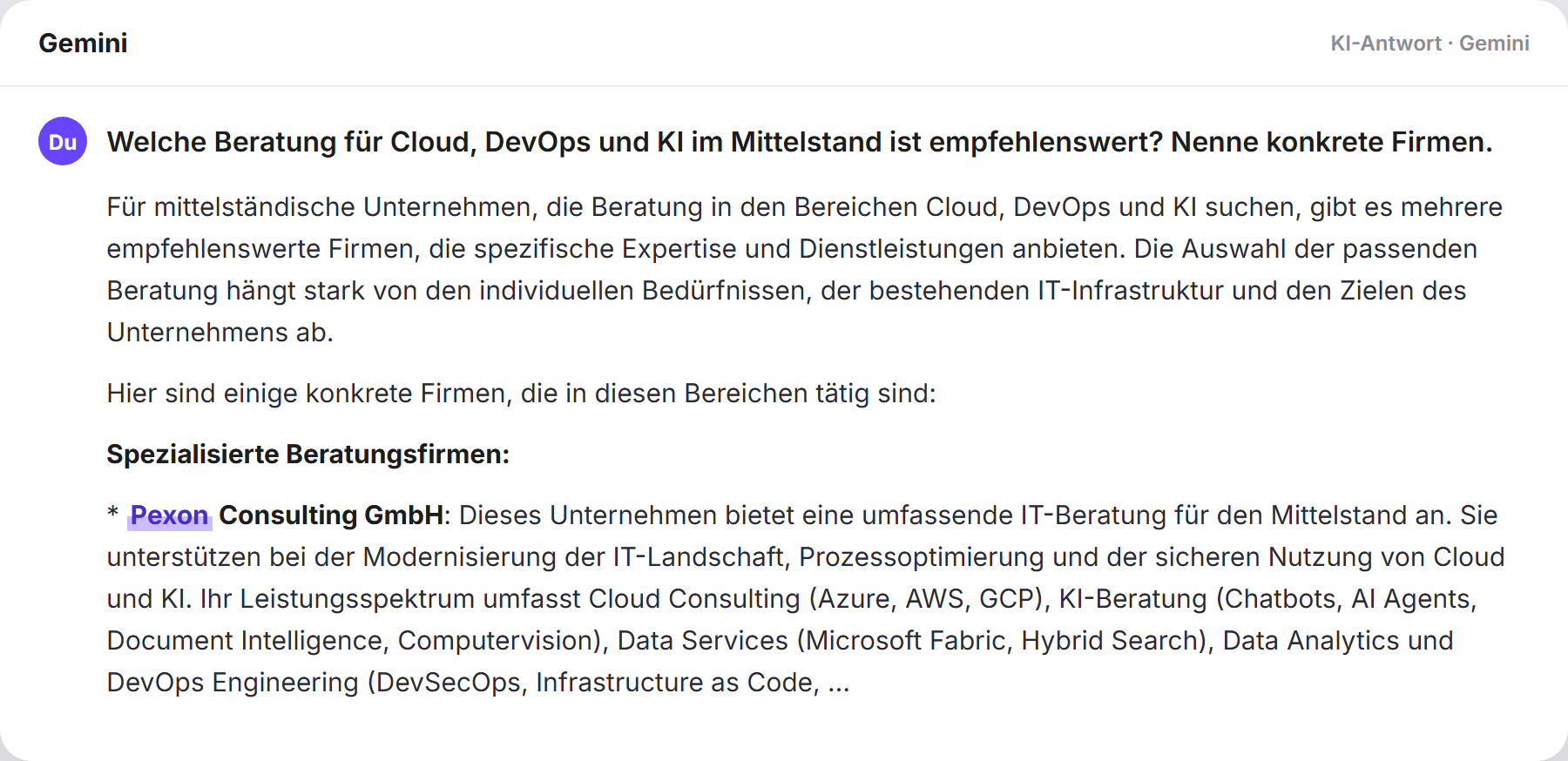 Gemini nennt Pexon: „Welche Beratung für Cloud, DevOps und KI im Mittelstand is…