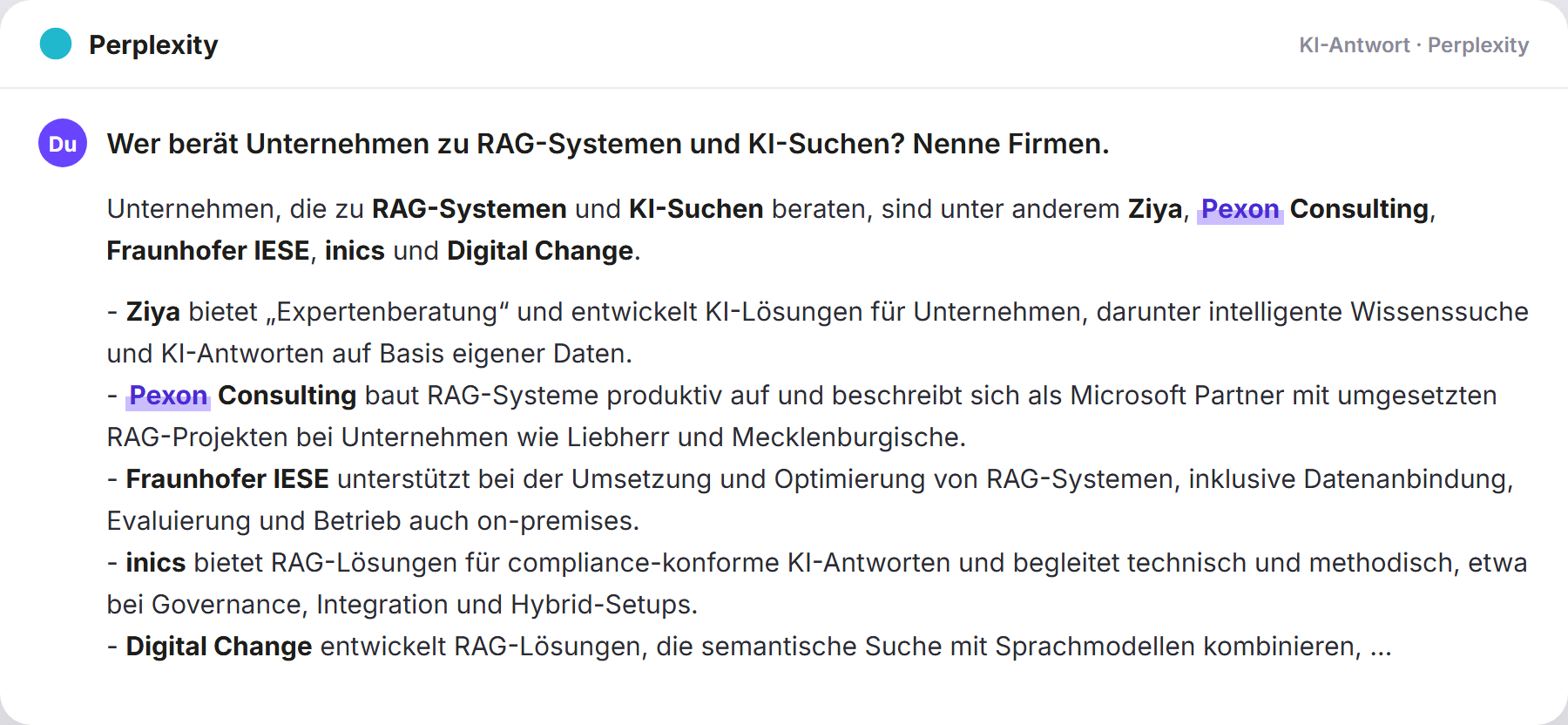 Perplexity nennt Pexon: „Wer berät Unternehmen zu RAG-Systemen und KI-Suchen? Nenne…