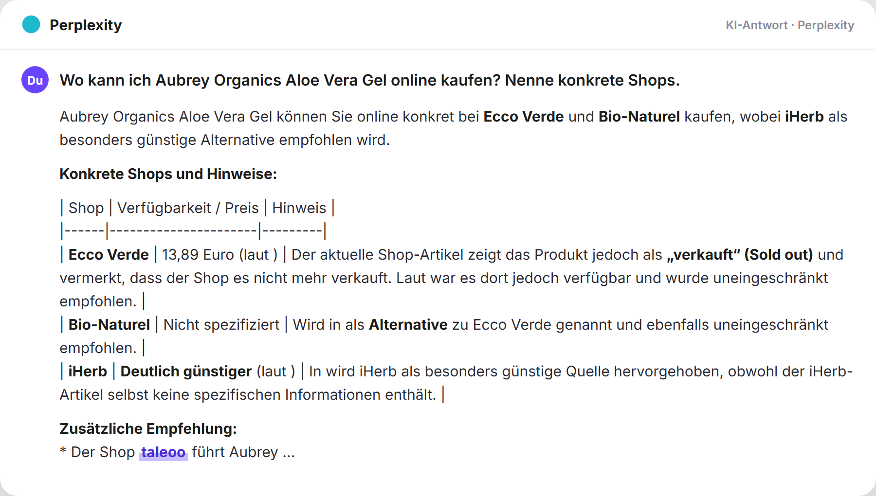 Perplexity nennt Taleoo: „Wo kann ich Aubrey Organics Aloe Vera Gel online kaufen? N…