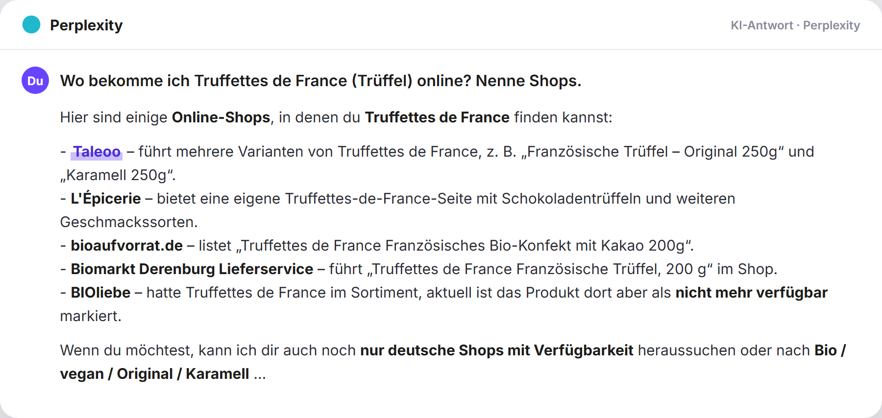 Perplexity nennt Taleoo: „Wo bekomme ich Truffettes de France (Trüffel) online? Nenn…