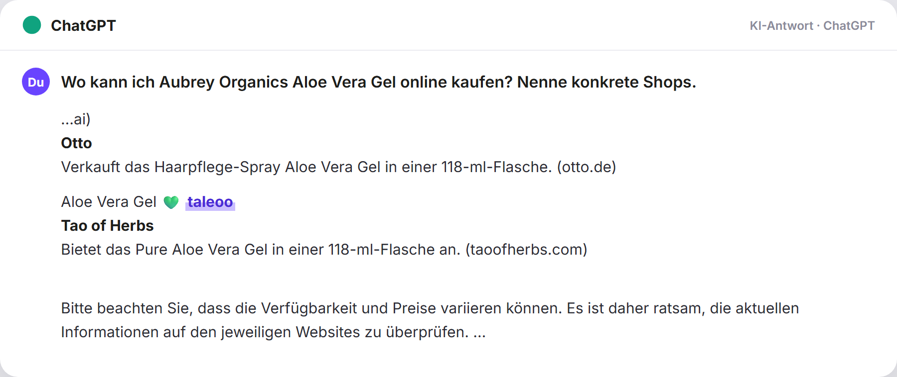 ChatGPT nennt Taleoo: „Wo kann ich Aubrey Organics Aloe Vera Gel online kaufen? N…