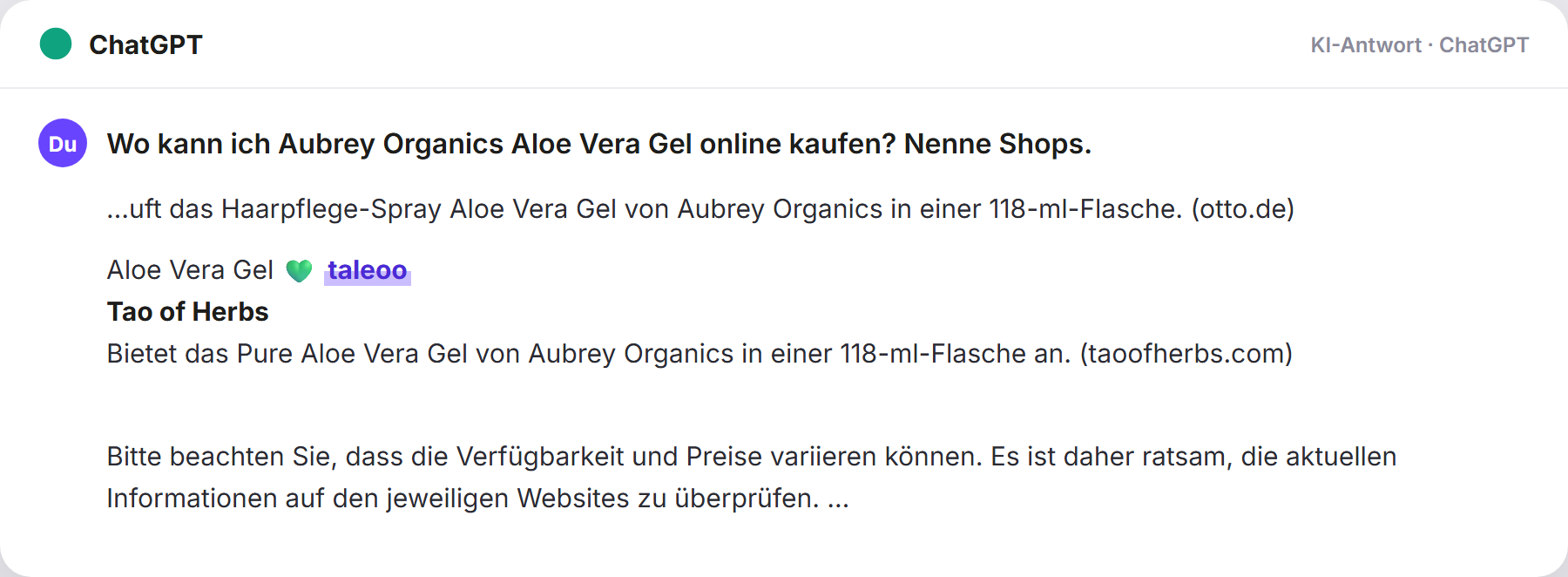 ChatGPT nennt Taleoo: „Wo kann ich Aubrey Organics Aloe Vera Gel online kaufen? N…