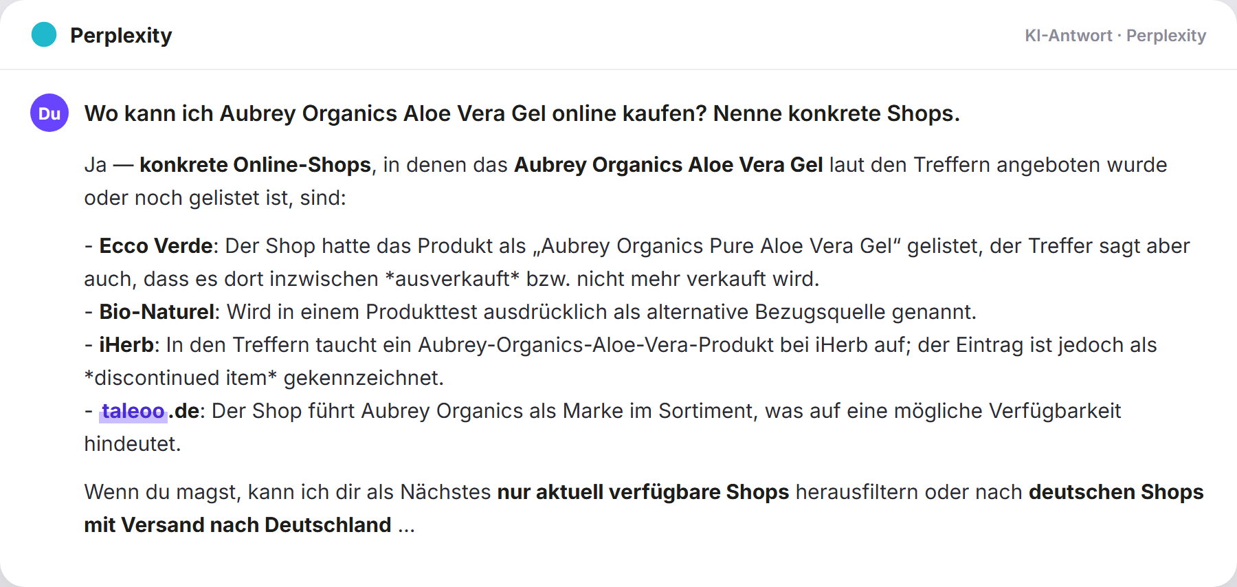 Perplexity nennt Taleoo: „Wo kann ich Aubrey Organics Aloe Vera Gel online kaufen? N…