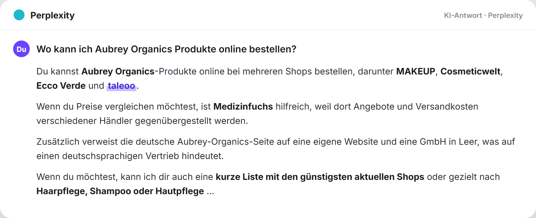 Perplexity nennt Taleoo: „Wo kann ich Aubrey Organics Produkte online bestellen?…