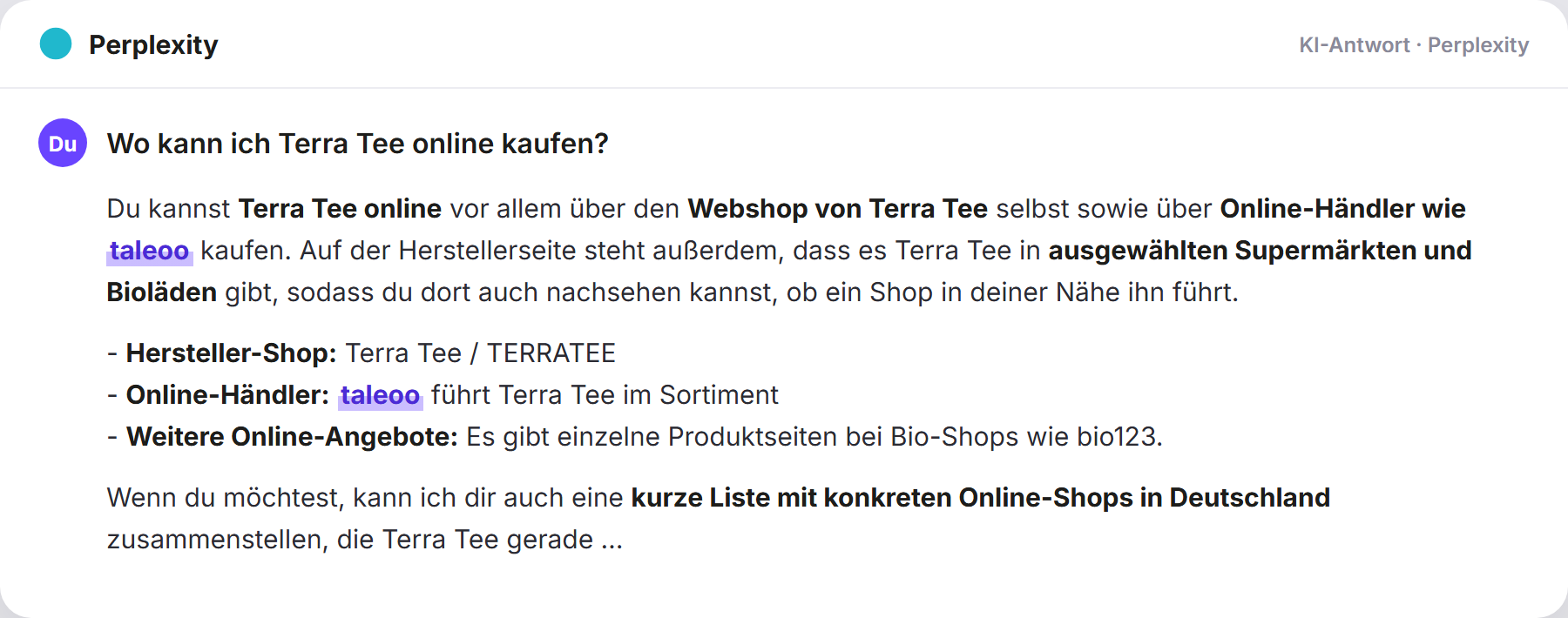 Perplexity nennt Taleoo: „Wo kann ich Terra Tee online kaufen?…