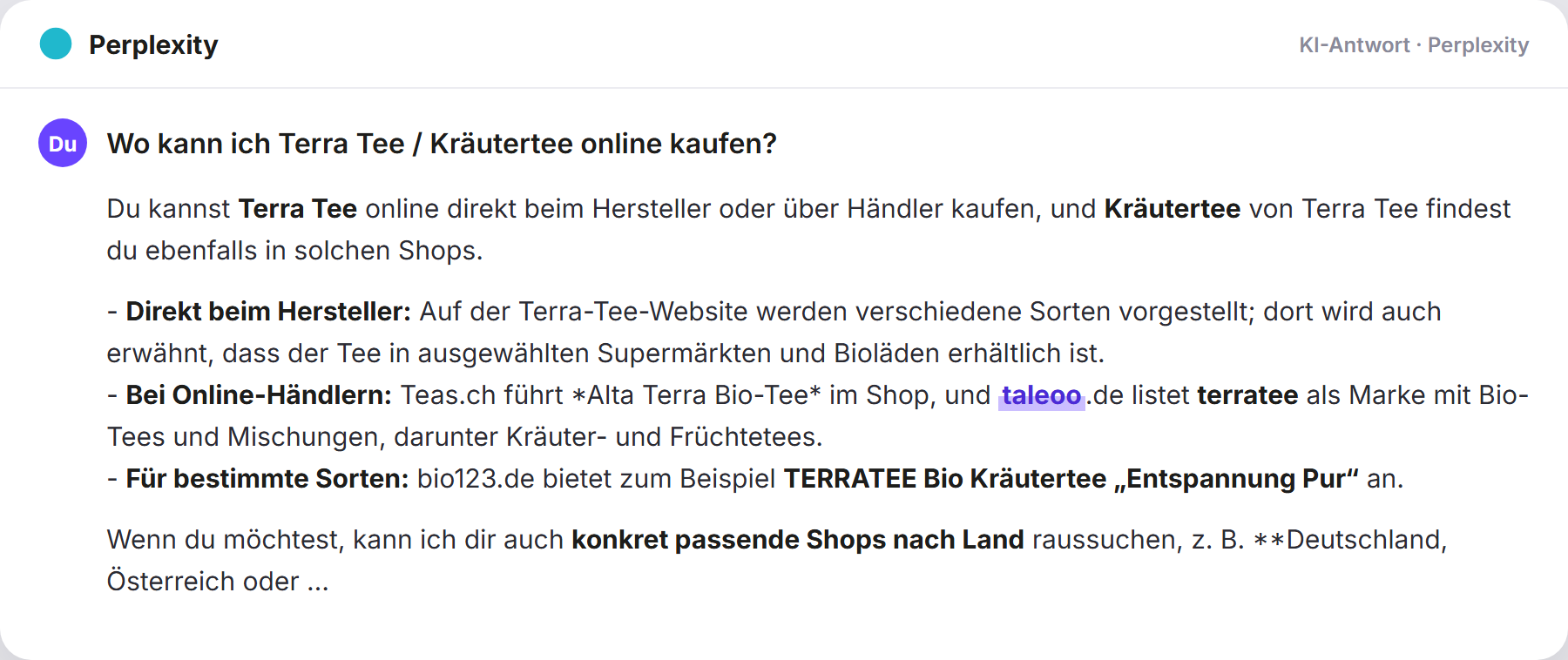 Perplexity nennt Taleoo: „Wo kann ich Terra Tee / Kräutertee online kaufen?…