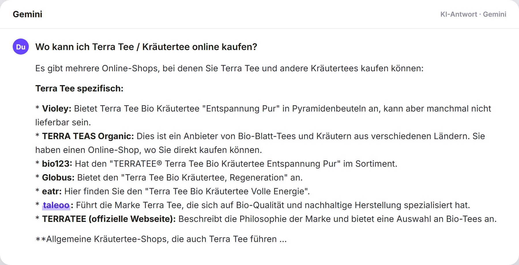 Gemini nennt Taleoo: „Wo kann ich Terra Tee / Kräutertee online kaufen?…
