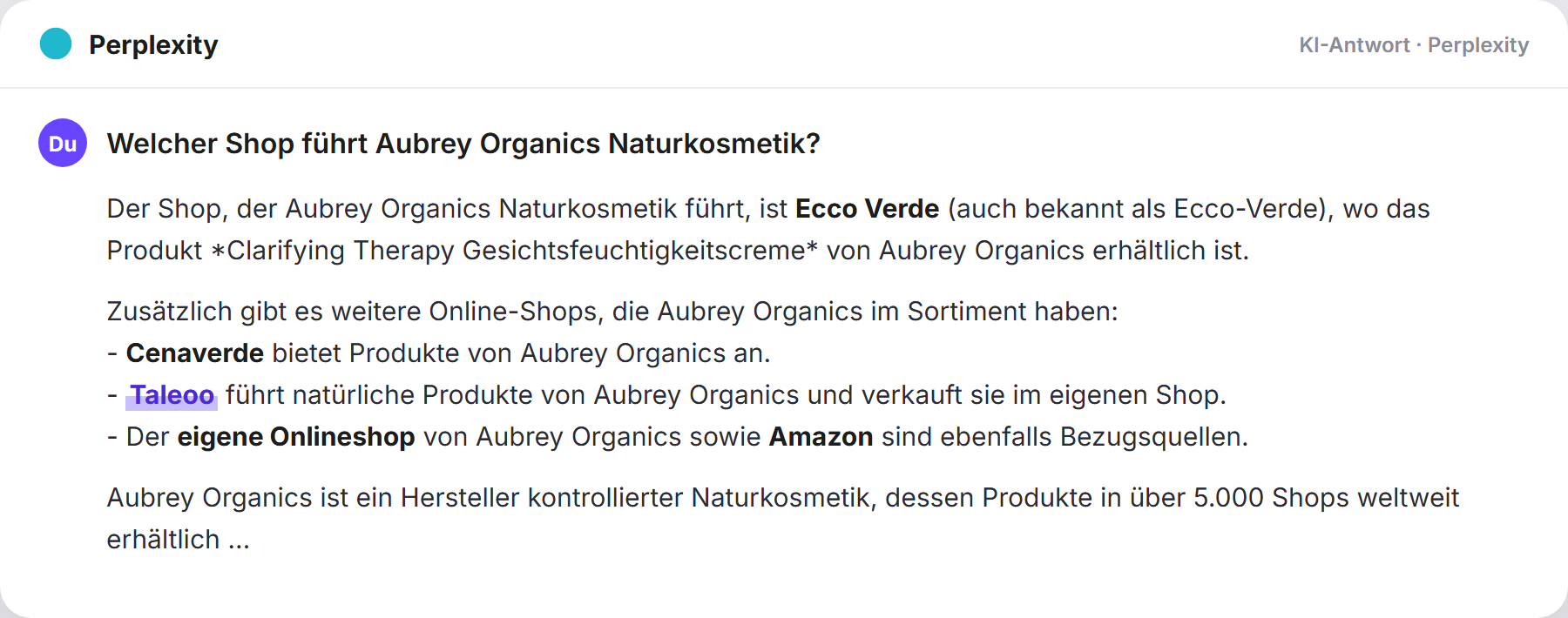 Perplexity nennt Taleoo: „Welcher Shop führt Aubrey Organics Naturkosmetik?…