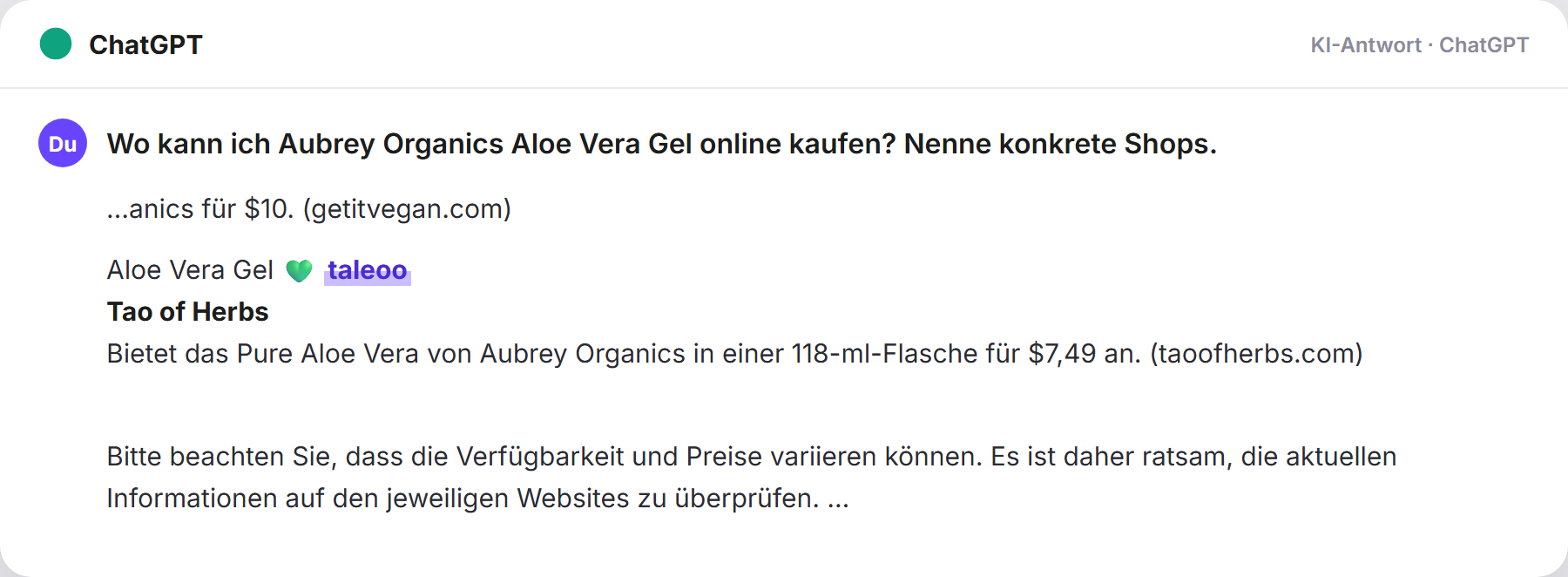 ChatGPT nennt Taleoo: „Wo kann ich Aubrey Organics Aloe Vera Gel online kaufen? N…