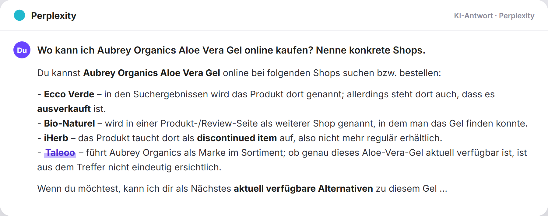 Perplexity nennt Taleoo: „Wo kann ich Aubrey Organics Aloe Vera Gel online kaufen? N…