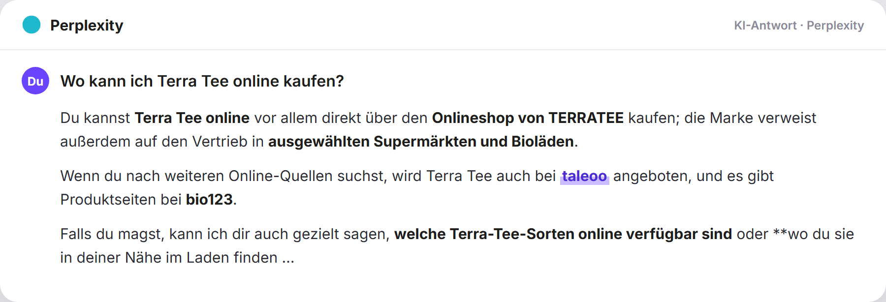 Perplexity nennt Taleoo: „Wo kann ich Terra Tee online kaufen?…