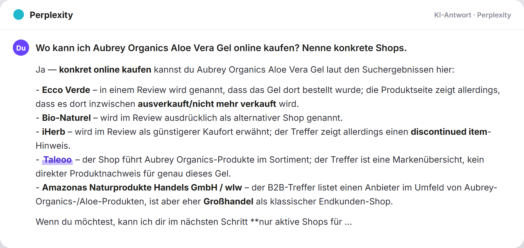 Perplexity nennt Taleoo: „Wo kann ich Aubrey Organics Aloe Vera Gel online kaufen? N…