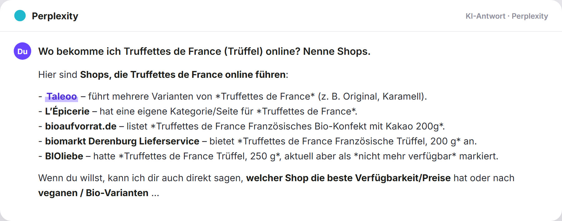 Perplexity nennt Taleoo: „Wo bekomme ich Truffettes de France (Trüffel) online? Nenn…