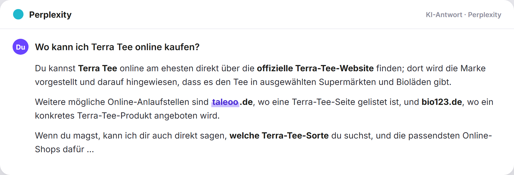 Perplexity nennt Taleoo: „Wo kann ich Terra Tee online kaufen?…