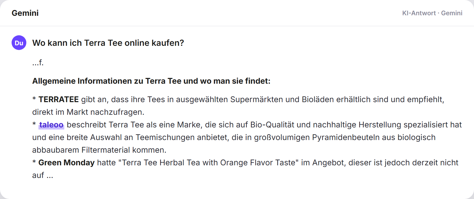 Gemini nennt Taleoo: „Wo kann ich Terra Tee online kaufen?…