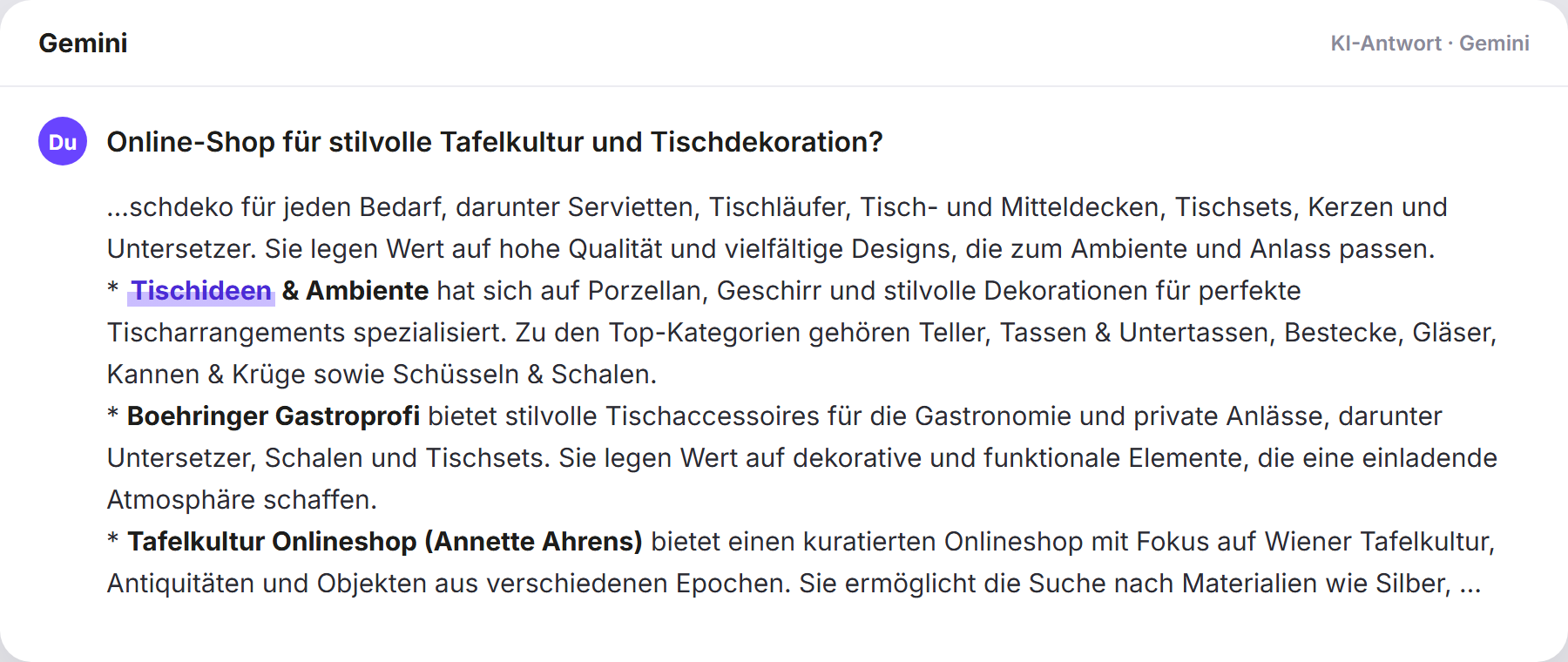 Gemini nennt Tischideen: „Online-Shop für stilvolle Tafelkultur und Tischdekoration?…