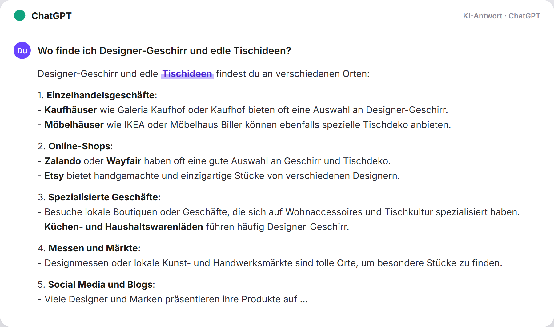 ChatGPT nennt Tischideen: „Wo finde ich Designer-Geschirr und edle Tischideen?…