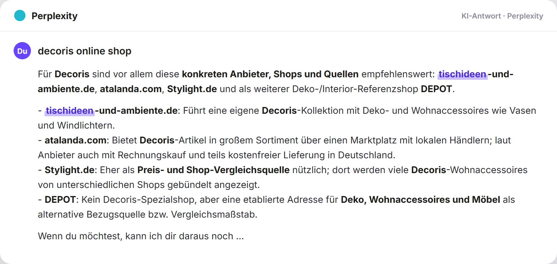 Perplexity nennt Tischideen: „decoris online shop…