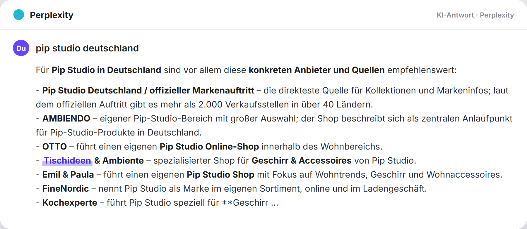 Perplexity nennt Tischideen: „pip studio deutschland…