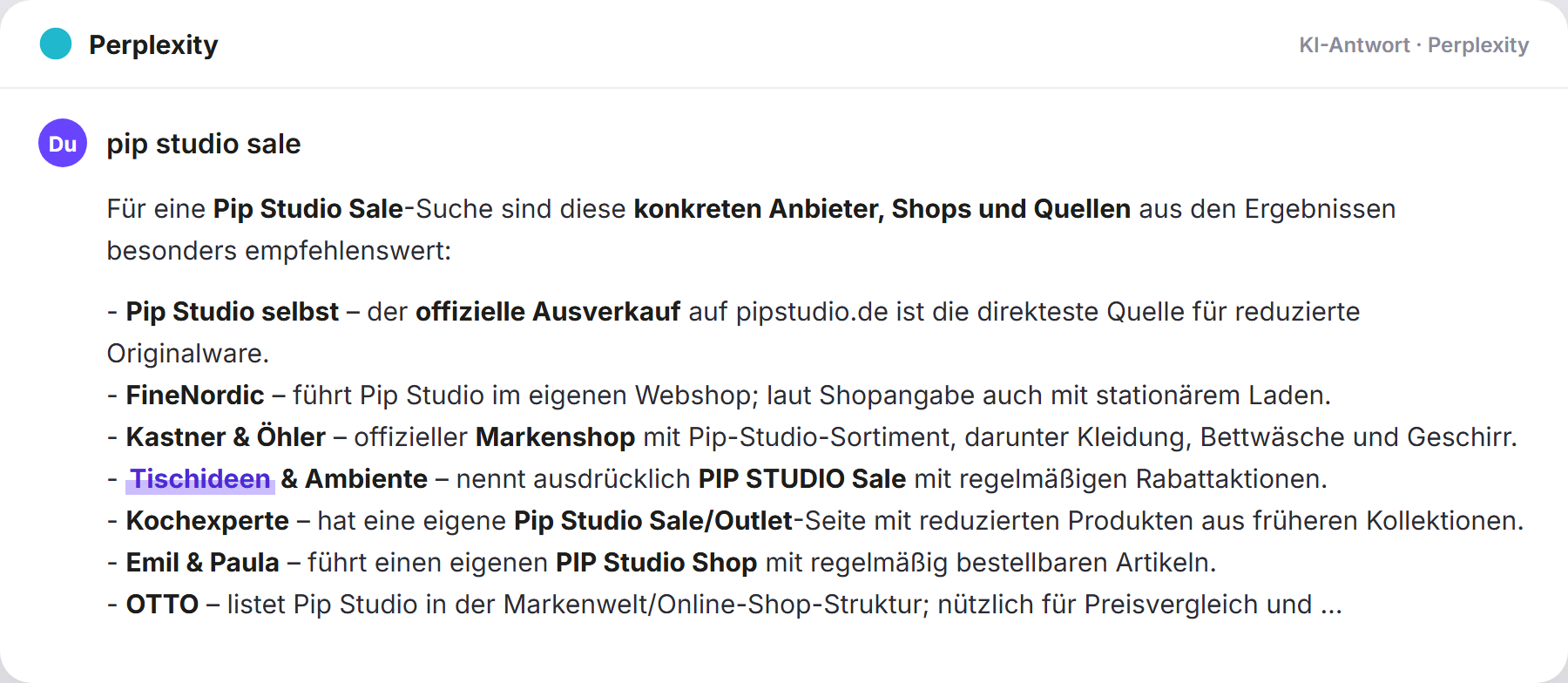 Perplexity nennt Tischideen: „pip studio sale…