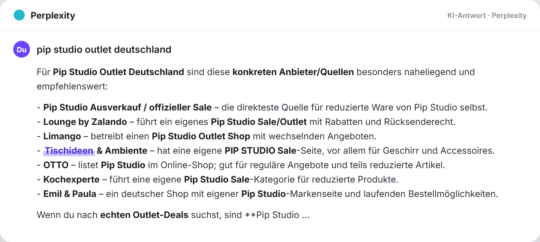 Perplexity nennt Tischideen: „pip studio outlet deutschland…